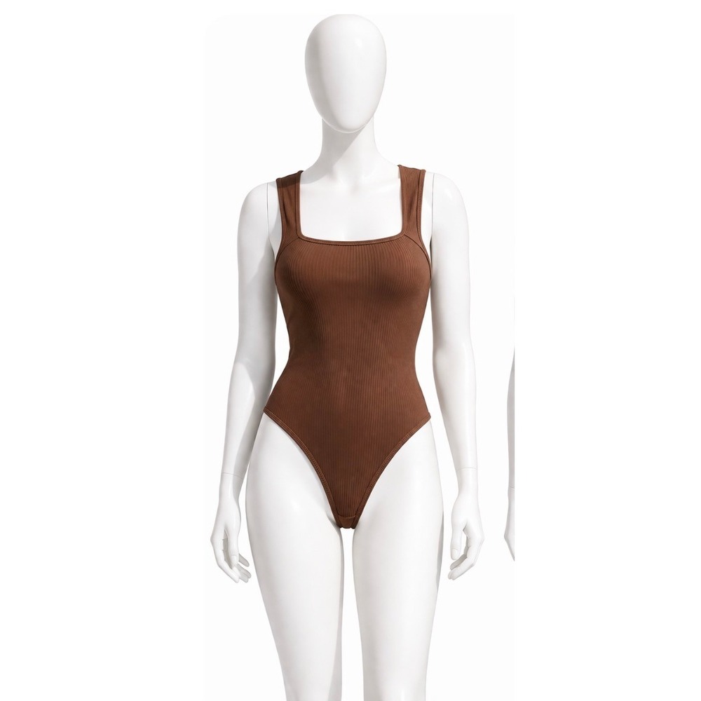OQQ Ribbed Bodysuit Brown Square Neck Tank Top Sleeveless One Piece XXL Women